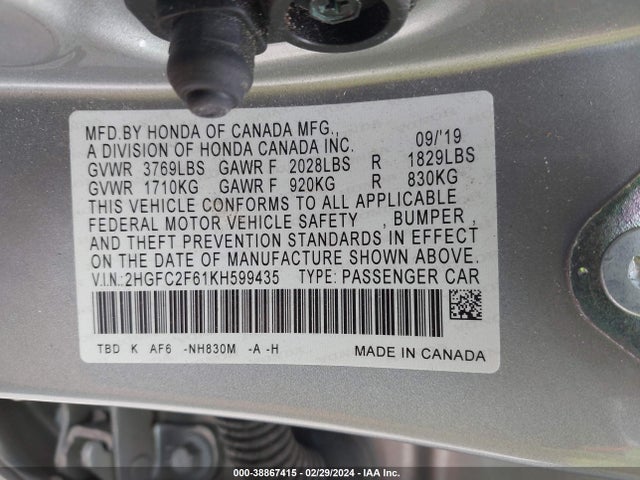 Honda Civic Lx 2019 2HGFC2F61KH599435 Image 9