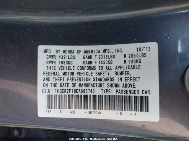 Honda ACCORD EX 2014 1HGCR2F78EA066740 Image 9