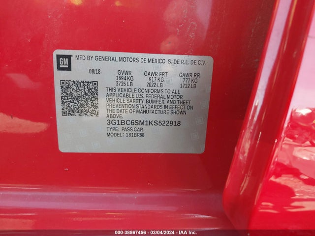 Chevrolet CRUZE LS 2019 3G1BC6SM1KS522918 Image 9