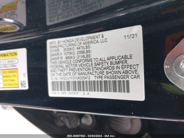 Aukcja sprzedaży 2022 Honda Accord Sport, vin: 1HGCV1F31NA005412, numer aukcji: 38867502