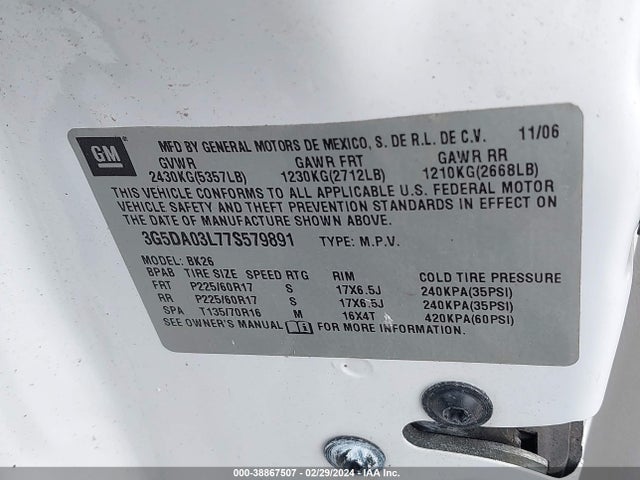 Продажа на аукционе авто 2007 Buick Rendezvous Cx, vin: 3G5DA03L77S579891, номер лота: 38867507