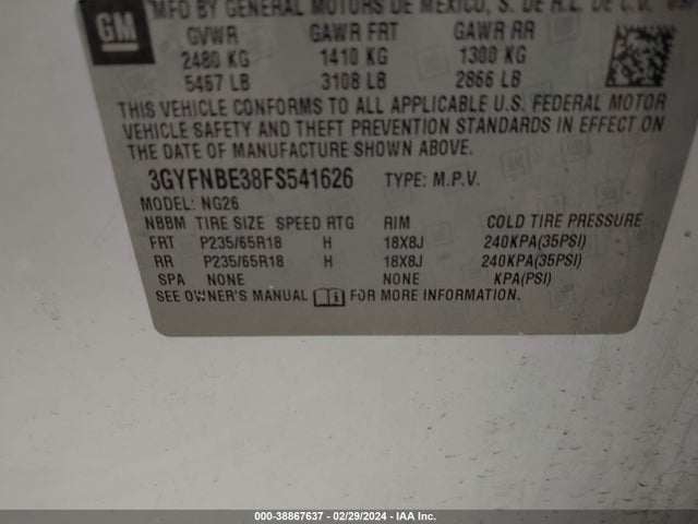3GYFNBE38FS541626 Cadillac Srx Luxury Collection