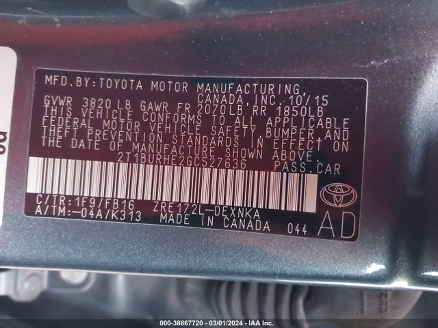 Toyota COROLLA LE 2016 2T1BURHE2GC527636 Image 9