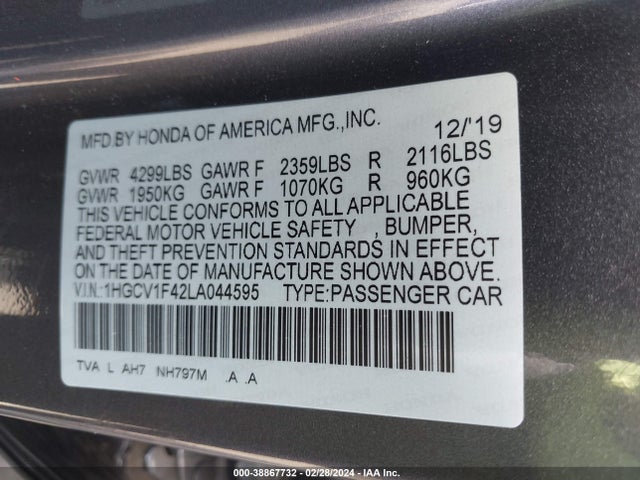 Honda ACCORD EX 2020 1HGCV1F42LA044595 Image 9