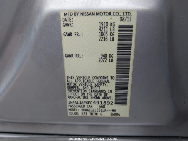 Nissan Altima 2.5 S 2015 1N4AL3AP8FC491892 Image 9