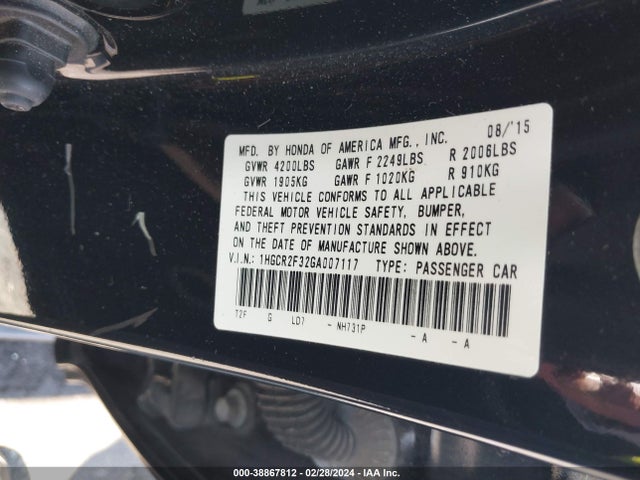 Honda ACCORD LX 2016 1HGCR2F32GA007117 Image 9