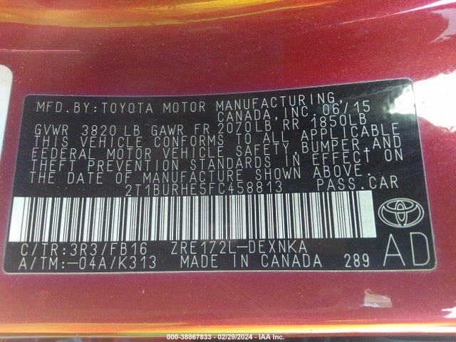 Toyota COROLLA LE 2015 2T1BURHE5FC458813 Image 9
