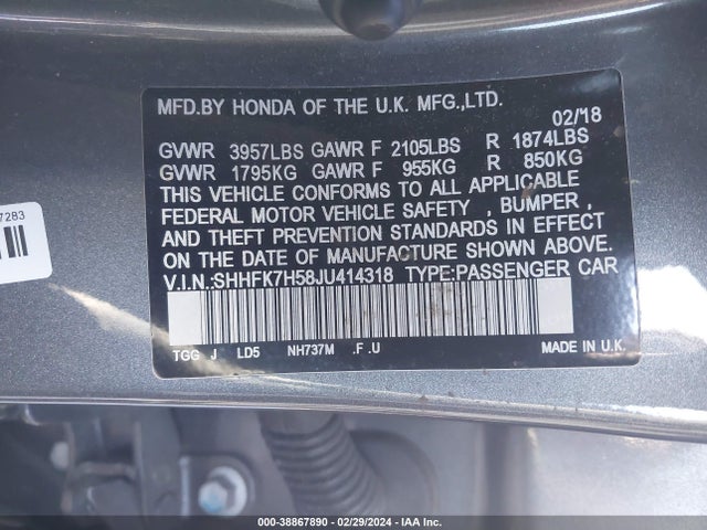 Honda CIVIC EX 2018 SHHFK7H58JU414318 Image 9