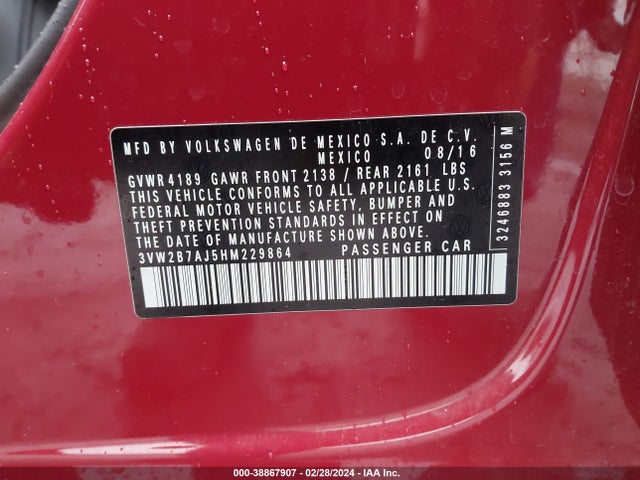 3VW2B7AJ5HM229864 Volkswagen Jetta 1.4t S