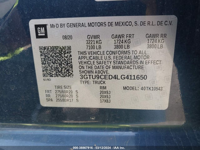 GMC Sierra 1500 4wd  Short Box Elevation 2020 3GTU9CED4LG411650 Image 9
