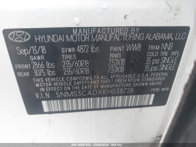 5NMS3CADXKH038728 Hyundai Santa Fe Sel Plus