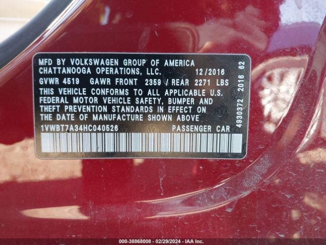 1VWBT7A34HC040526 Volkswagen Passat 1.8t Se