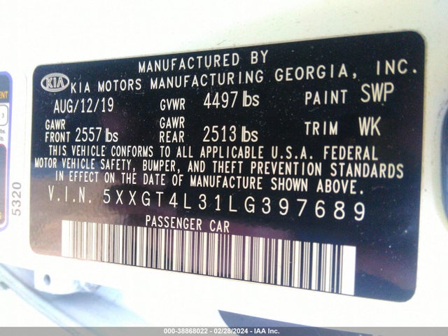 KIA Optima S 2020 5XXGT4L31LG397689 Image 9