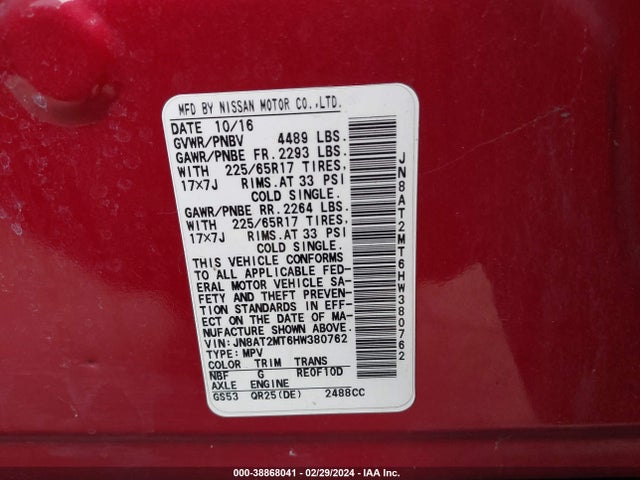 Nissan ROGUE SV 2017 JN8AT2MT6HW380762 Image 9