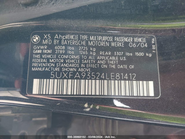 38868102 :رقم المزاد ، 5UXFA93524LE81412 vin ، 2004 Bmw X5 4.8is مزاد بيع