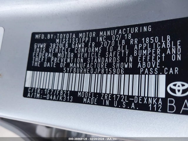 Toyota COROLLA LE 2018 5YFBURHE0JP815906 Image 9