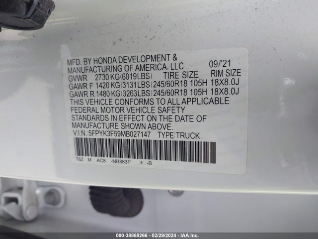 Honda Ridgeline Awd Rtl 2021 5FPYK3F59MB027147 Image 9