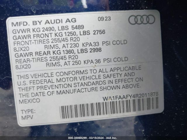 WA1FAAFY4R2011878 Audi Q5 Prestige 45 Tfsi S Line Quattro S Tronic