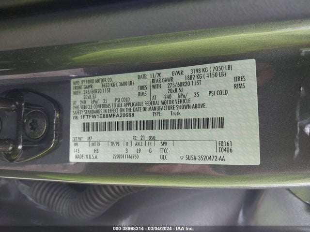 Ford F-150 Lariat 2021 1FTFW1E88MFA20688 Image 9