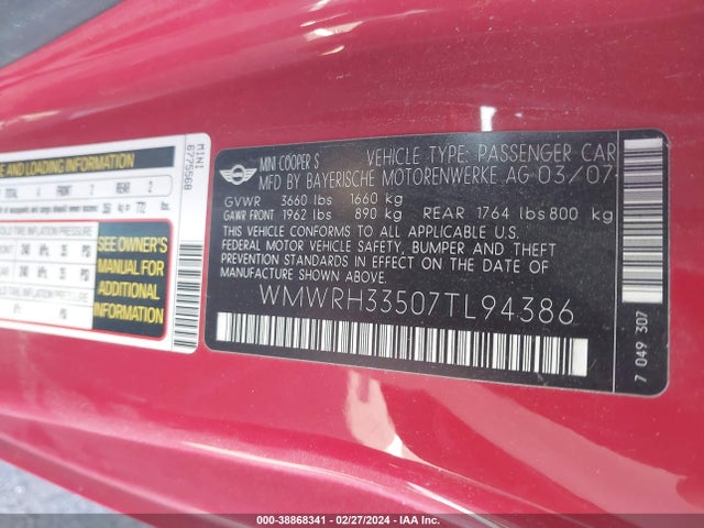 2007 MINI COOPER S WMWRH33507TL94386 Photo 8