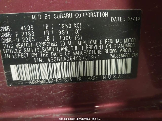 Subaru Impreza 2.0i Premium 2019 4S3GTAD64K3751971 Image 9