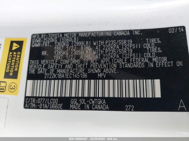 2T2ZK1BA1EC145196 Lexus RX 350