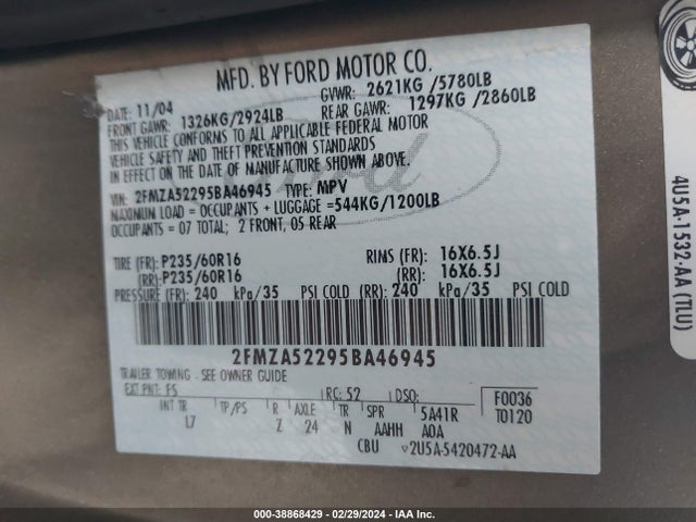 2005 FORD FREESTAR SEL VIN: 2FMZA52295BA46945