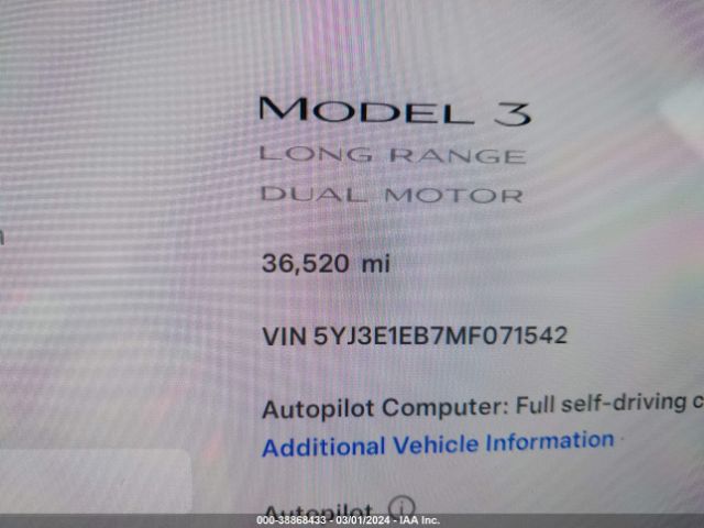 5YJ3E1EB7MF071542 Tesla Model 3 Long Range Dual Motor All-wheel Drive