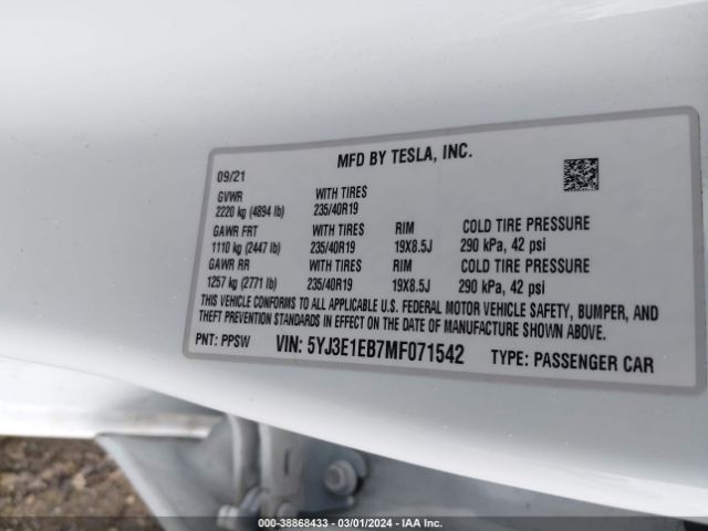 5YJ3E1EB7MF071542 Tesla Model 3 Long Range Dual Motor All-wheel Drive
