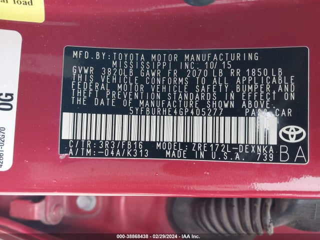 Toyota COROLLA LE 2016 5YFBURHE4GP405277 Image 9