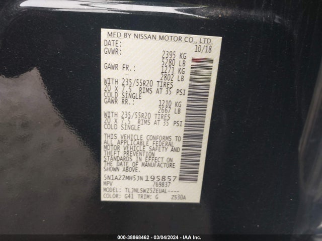 Nissan Murano Platinum 2018 5N1AZ2MH5JN195857 Image 9