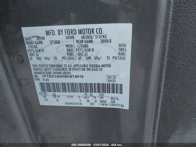 2009 FORD F-150 STX/XL VIN: 1FTRX14W09KB74918