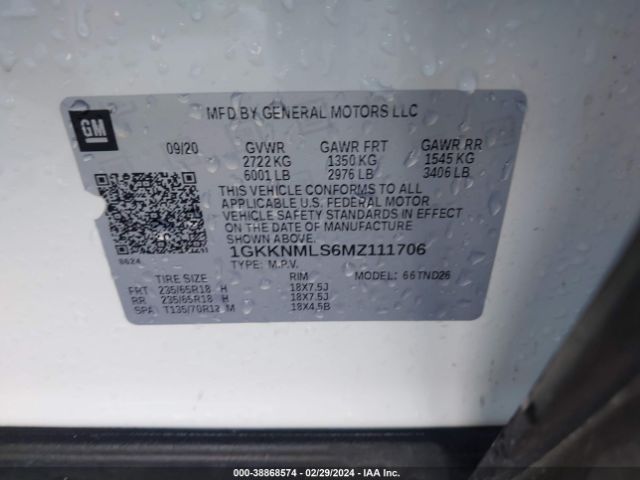 1GKKNMLS6MZ111706 GMC Acadia Fwd Slt