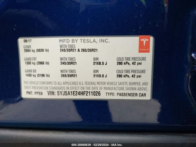 5YJSA1E24HF211026 Tesla Model S 100d/60d/75d/90d/p100d