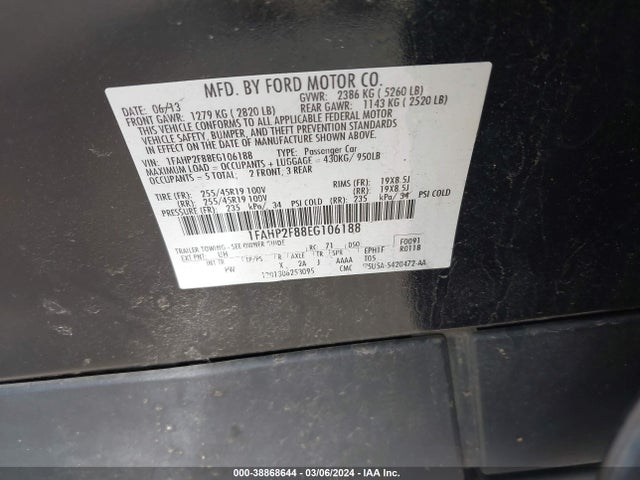 Ford Taurus Limited 2014 1FAHP2F88EG106188 Image 9