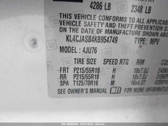 KL4CJASB4KB954749 Buick Encore Fwd Preferred