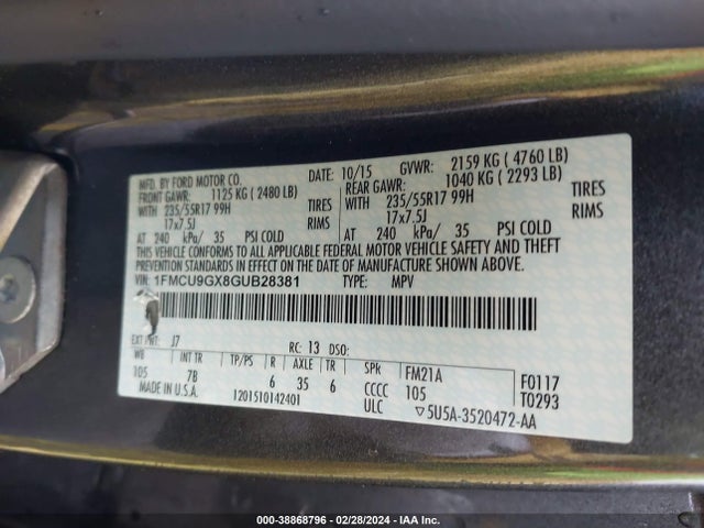 Ford ESCAPE SE 2016 1FMCU9GX8GUB28381 Image 9
