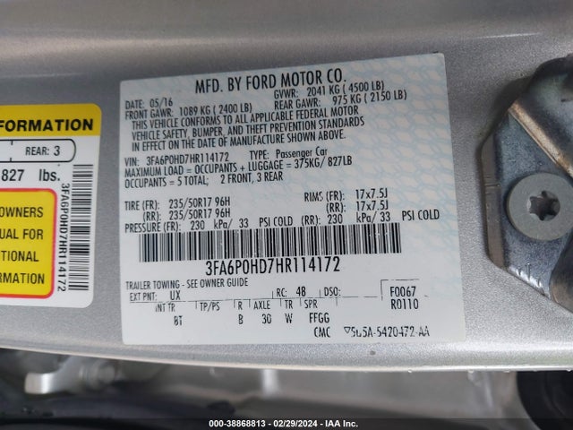 Ford FUSION SE 2017 3FA6P0HD7HR114172 Image 9