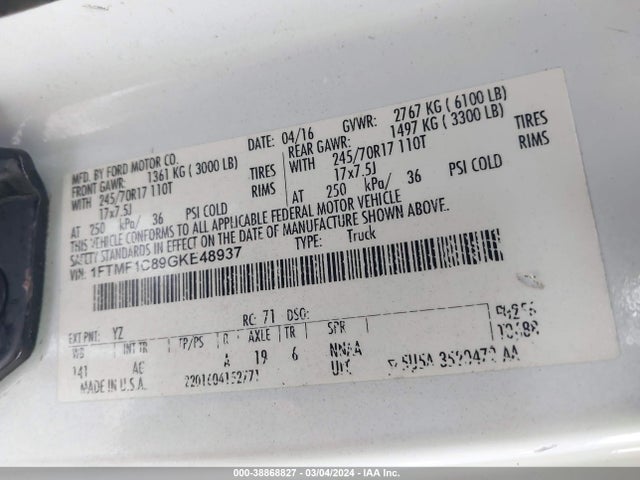 Ford F-150 Xl 2016 1FTMF1C89GKE48937 Image 9