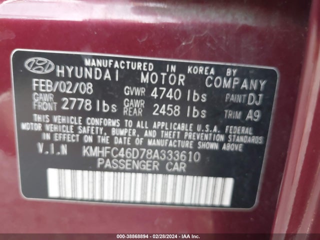 Aukcja sprzedaży 2008 Hyundai Azera Gls, vin: KMHFC46D78A333610, numer aukcji: 38868894