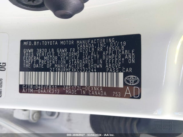 Toyota COROLLA LE 2019 2T1BURHEXKC232244 Image 9