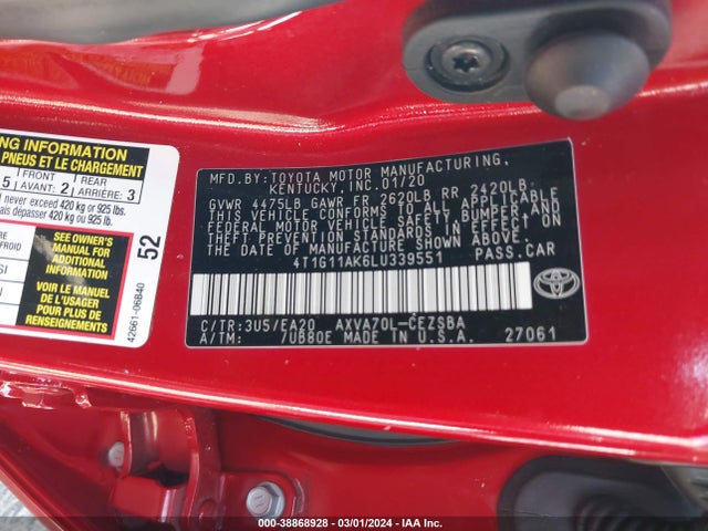 Toyota CAMRY SE 2020 4T1G11AK6LU339551 Image 9