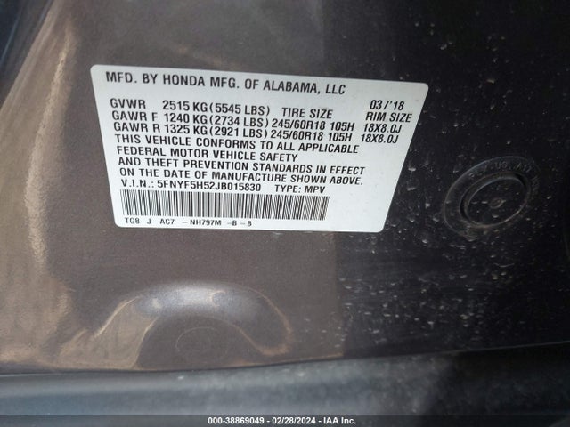 Honda Pilot Ex-l 2018 5FNYF5H52JB015830 Image 9