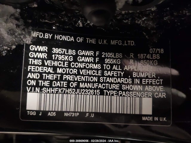 Honda CIVIC EX 2018 SHHFK7H52JU232615 Image 9
