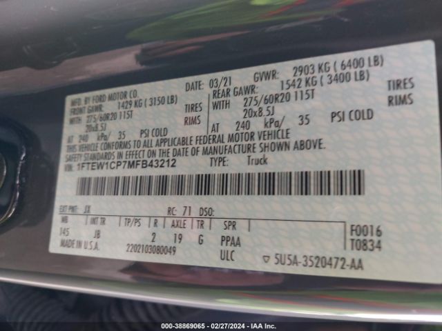 1FTEW1CP7MFB43212 Ford F150 Supercrew