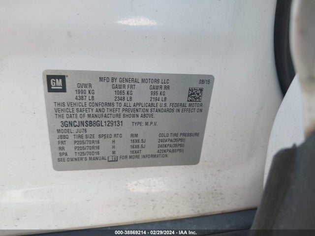 Chevrolet Trax 1ls 2016 3GNCJNSB8GL129131 Image 9