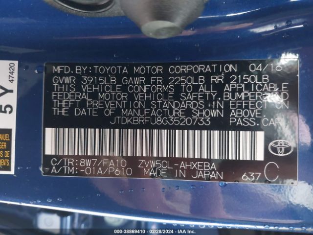 JTDKBRFU8G3520733 Toyota Prius Two
