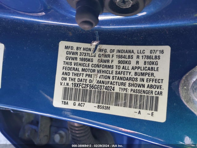 Honda Civic Lx 2016 19XFC2F56GE074024 Image 9