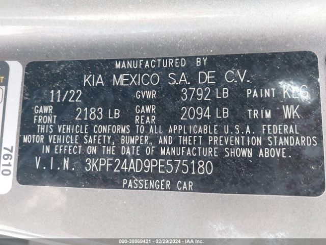 3KPF24AD9PE575180 KIA Forte Lxs