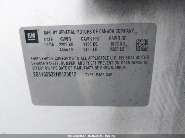 Chevrolet IMPALA 1LT 2017 2G1105S32H9123012 Image 9